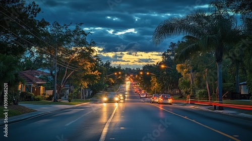 A serene street scene at twilight with cars and streetlights illuminating the road.