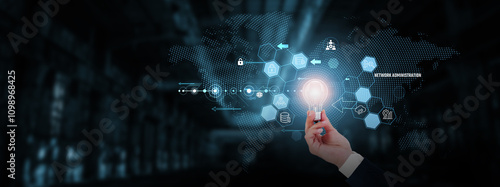 Network Administration: System configuration, cybersecurity, troubleshooting, server maintenance, connectivity optimization. Businessman hand holding creative light bulb with innovative technology.