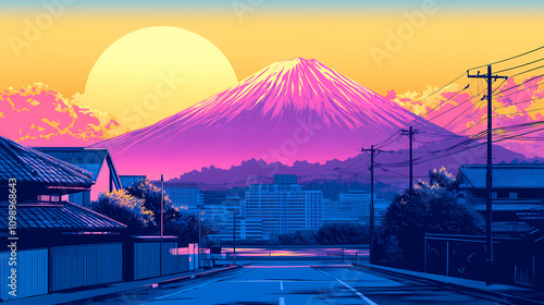 Landscape fuji yama mountain japan in vapor wave synth background , ai generative. Vaporwave. Illustration photo