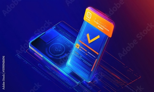 vector 3d illustration of mobile phone with check mark on screen. Digital financial services and online shopping.Internet banking. Access to money on a bank card thro photo