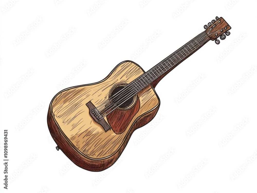 Fototapeta premium Vintage Hand-Drawn Classic Guitar Sketch with Emphasis on Wood Grain and Strings for Music and Artistry on White Background - Ultra-Detailed Illustration