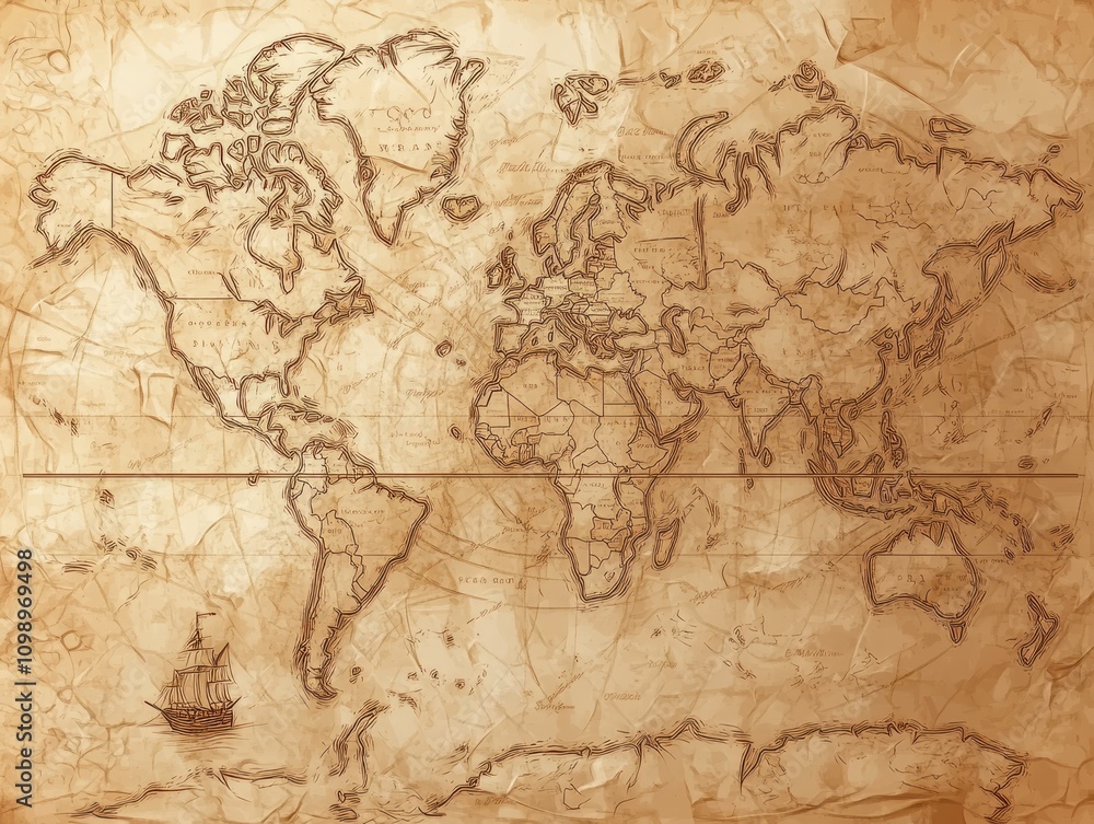 Fototapeta premium Vintage Hand-Drawn Map Illustration with Detailed Cartography and Aged Paper Textures on White Background for Exploration and Adventure