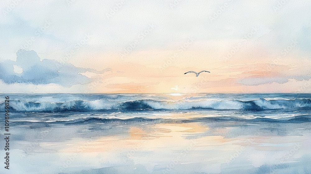 Obraz premium A tranquil watercolor beach scene at dawn, with gentle waves reflecting the pale pink and orange hues of the sky. A lone seagull flies overhead, adding movement to the peaceful setting. The 