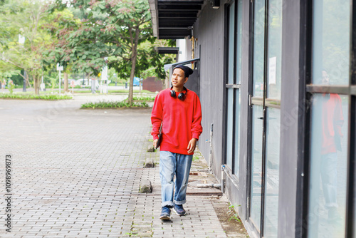 Freelancer Young Man Wear Hat and Headset Walking While Holding Digital Tablet photo