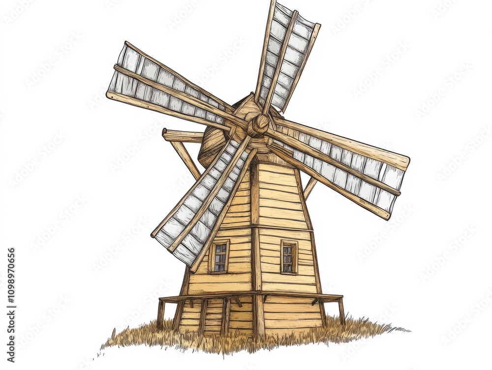 Obraz premium Rustic Hand-Drawn Vintage Wooden Windmill Illustration with Nostalgic Charm and Detailed Craftsmanship on White Background