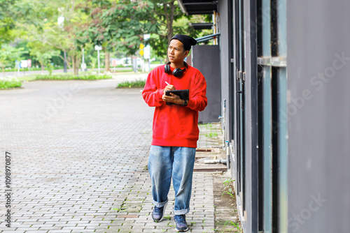 Asian Guy in Casual Clothing Holding Tablet on The Street While Walking. Drawing on a Graphics Tablet. Freelancing and Earning Online.
 photo