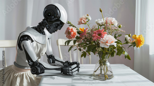 Robotic Housemaid with Floral Arrangement Skills Organizing Fresh Flowers in Vase on Dining Table for Elegant Home Decor photo