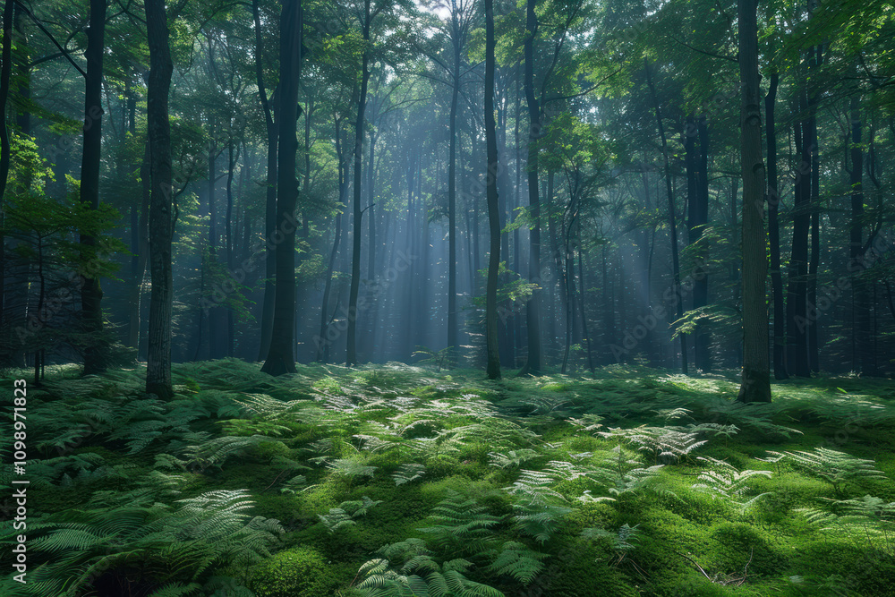 Fototapeta premium Morning in the forest with sunbeams coming through the tree trunks,. 