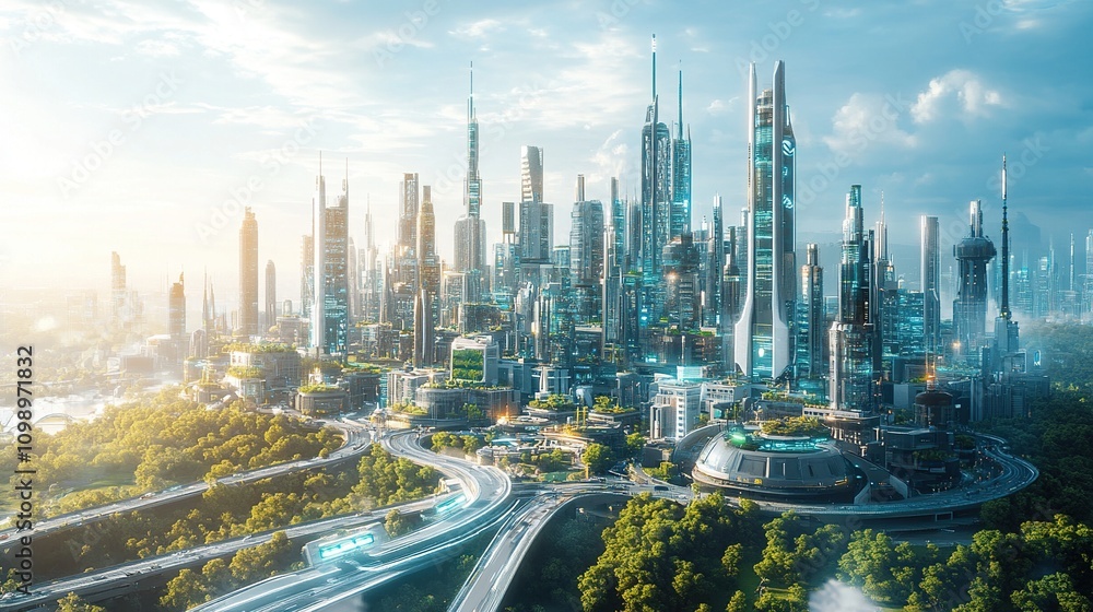 Obraz premium Futuristic cityscape with advanced architecture and greenery.