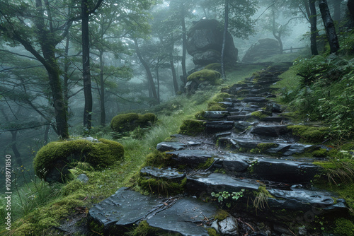 Mysterious stone path in the misty forest. Mysterious landscape.,.  photo