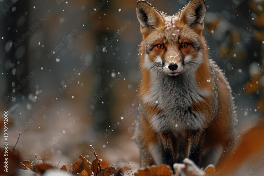 Obraz premium Red fox in the forest during a snowfall. Wild animal in nature.,. 