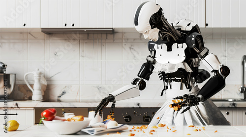 Futuristic AI Robot in Housemaid Uniform Serving Snacks in a Stylish Kitchen Setting photo