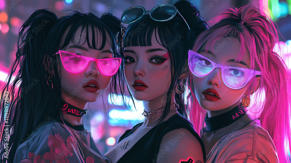 Obraz premium Cyberpunk vaporwave girls cool clothes trend, anime style. Vaporwave. Illustration
