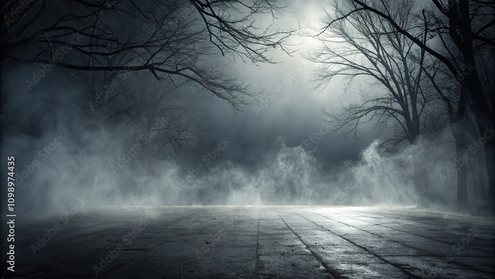 Fototapeta premium Dark silver foggy environment background, eerie, atmospheric, shadowy, mysterious, foggy