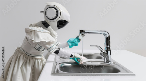 AI Robot in a Housemaid Dress Cleaning Kitchen Sink with Precision and Efficiency in a Modern Home photo