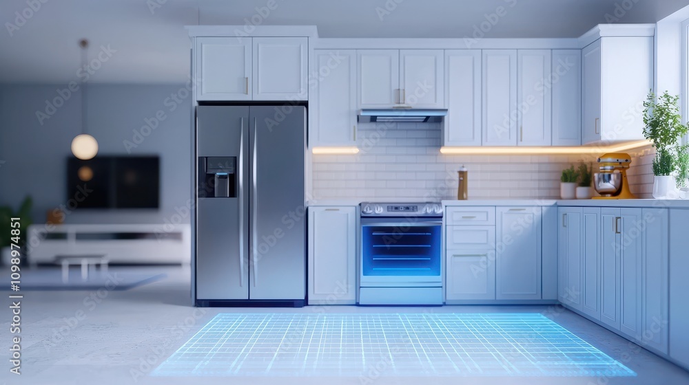 Fototapeta premium A modern kitchen featuring stainless steel appliances, light cabinetry, and a sleek design with illuminated elements.