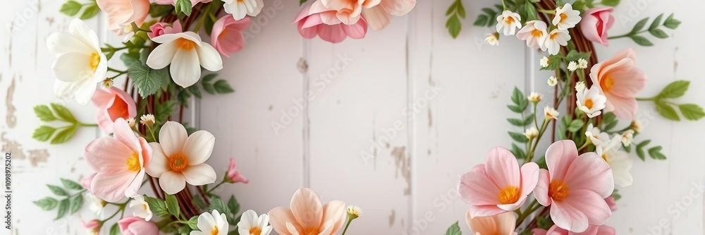 Fototapeta premium Distressed floral wreath background with artificial flowers and greenery in pastel shades, wallpaper, eclectic