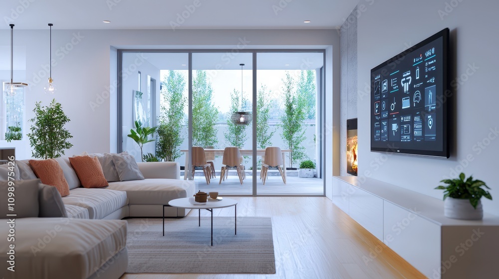 Fototapeta premium A modern living room with neutral colors, large windows, and a cozy layout featuring a sofa, coffee table, and a wall-mounted TV.
