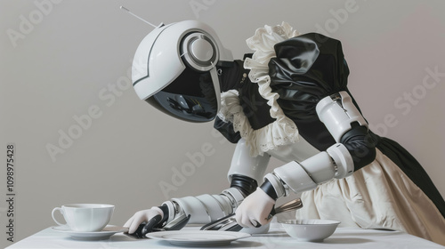 AI Robot in a Housemaid Dress Preparing a Dining Table for an Elegant Meal Setting photo