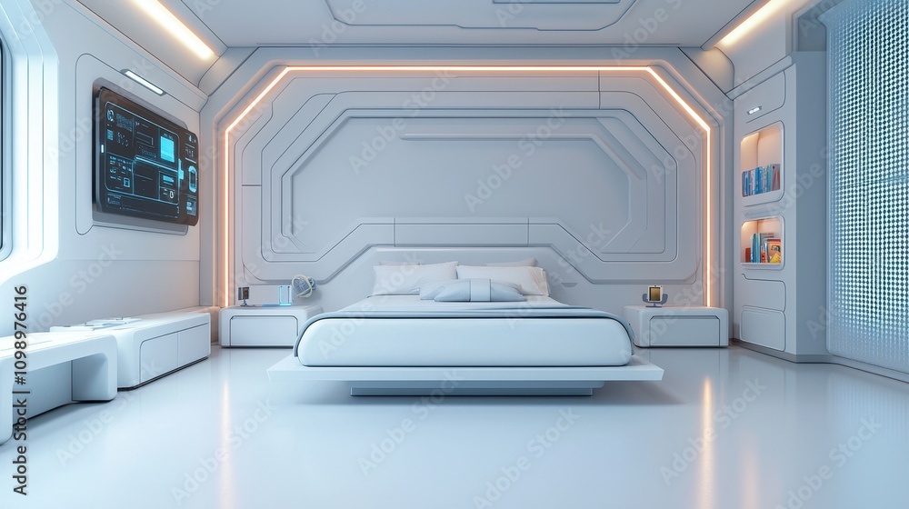 Fototapeta premium A futuristic, minimalist bedroom featuring sleek white designs, ambient lighting, and high-tech elements, creating a modern and clean aesthetic.