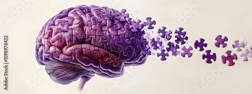 Brain with Purple Puzzle Pieces Representing Alzheimer Disease Dementia Memory Loss Parkinson Awareness and Cognitive Disorders