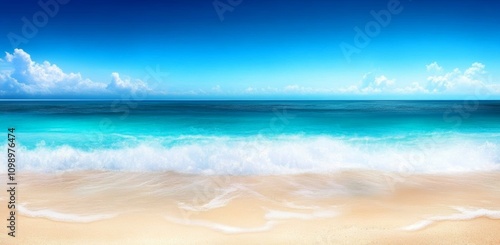 Tropical Beach Scene with Blue Sky and Turquoise Ocean Soft Sand and Gentle Waves