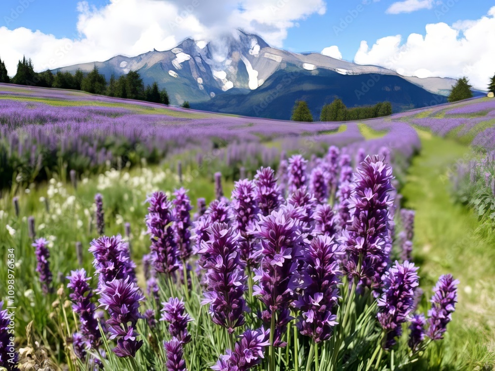 Obraz premium A beautiful landscape with rows of lavender fields in the foreground and mountains in the background. The sky is a soft pink and purple color.
