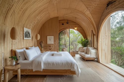 modern eco luxe hotel bedroom with wooden ceiling and bamboo photo