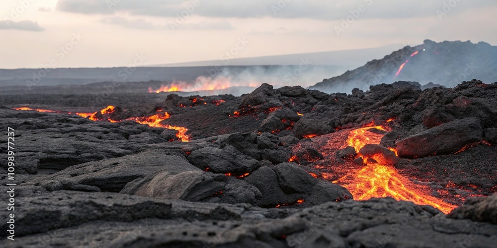 Naklejka premium Glowing hot lava rocks with scattered fiery embers on a volcanic surface, molten core, lava rock, glowing hot rocks
