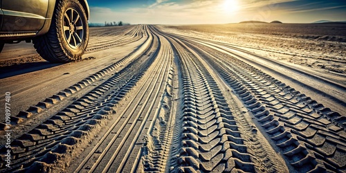 Conceptual Photography of Tire Marks from Motorcycle and Car with Shabby Imprints, Off-Road Car Tracks, and Detailed  Illustration of Tire Patterns and Textures