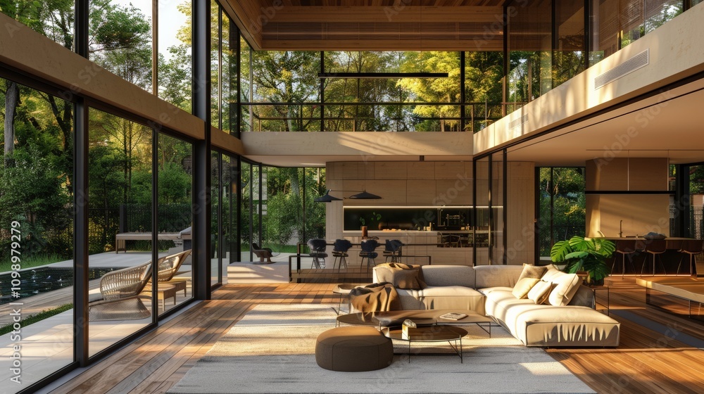 Fototapeta premium Modern house with floor-to-ceiling windows and an open floor plan, emphasizing spaciousness