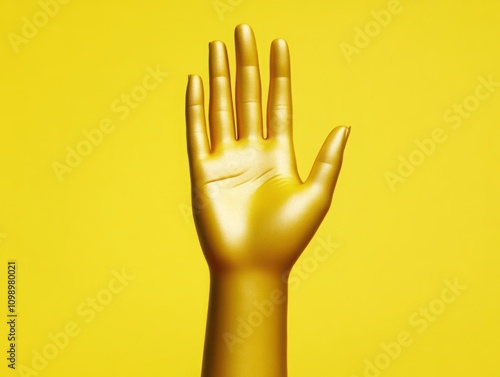 A Vivid Yellow Hand Gesture Holding Up with Palm Facing Forward Against a Bright Yellow Background for Artistic and Creative Conceptual Use photo