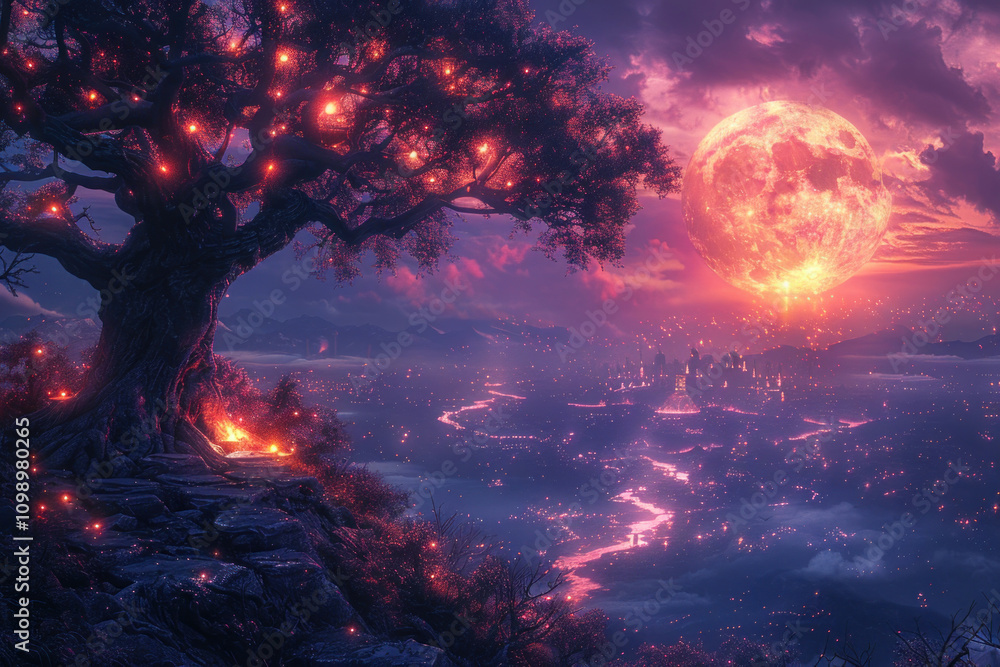 Fototapeta premium an ancient tree shines with red luminous lights against the backdrop of a sunset sky with a rising moon,.