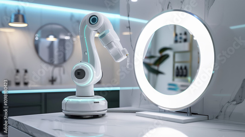 Futuristic AI Robot Polishing Bathroom Mirror, Demonstrating Advanced Robotics and Cleaning Efficiency photo