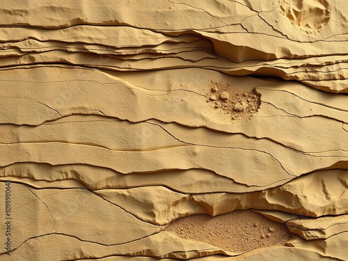 Overlapping layers of sedimentary rock with scattered dust particles, layered rock formations, fossilized remains photo