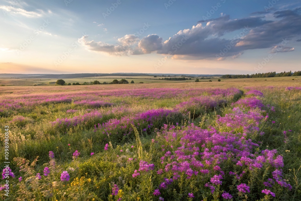 Fototapeta premium Panoramic view of a sun-kissed meadow with purple flowers, sun-kissed meadow, countryside, panoramic view
