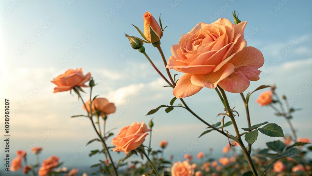 Obraz premium Pastel orange rose flowers against a soft blue sky, serene atmosphere, soft blue sky