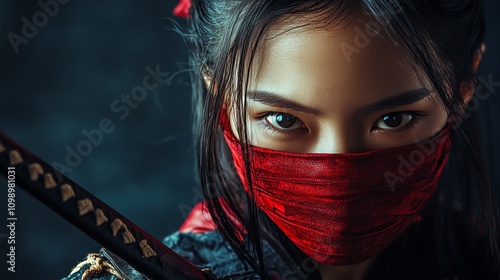 A woman with red eyes and a red mask holding a sword. photo