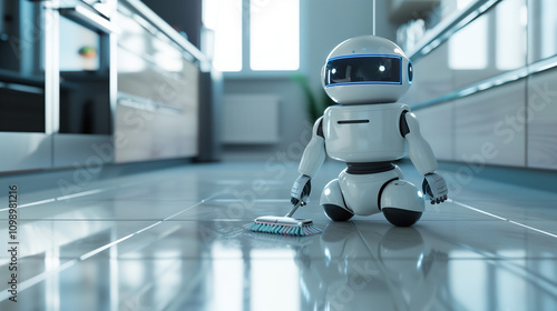 Advanced AI Robot Scrubbing Tiled Kitchen Floor in a High-Tech Home Environment photo