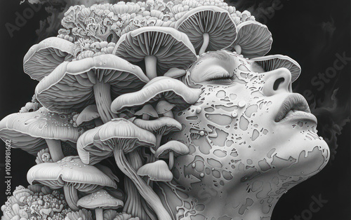 portrait of a woman in monochrome, whose face partially transforms into the complex structure of mushrooms.,.  photo