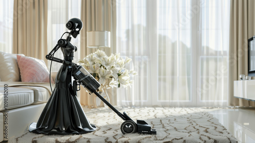 AI Robot Housemaid Vacuuming Plush Carpet in a Stylish Living Room Interior photo