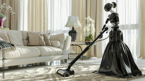 Robot in Housemaid Outfit Cleaning Plush Carpet with Vacuum in Cozy Living Room photo