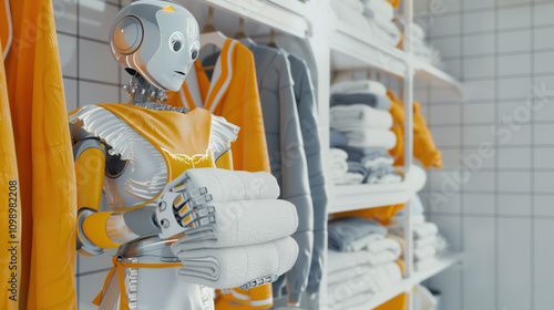 Futuristic AI Robot Wearing a Housemaid Outfit, Neatly Folding Towels in Laundry Room photo