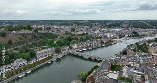 Aerial footage of the cityscape of Namur the capital of the Wallonia region of Belgium photo