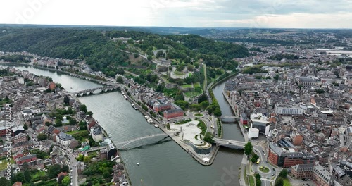 Aerial footage of the Citadel of Namur and Namur cityscape in Wallonia region, Belgium photo