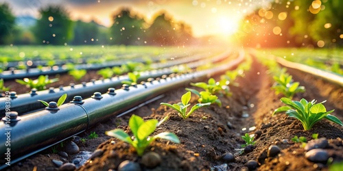 Wallpaper Mural Drip Irrigation System for Zucchini Seedlings: A Close-Up with Bokeh Effect Capturing the Intricacies of Watering Pipes in a Vibrant Agricultural Field Setting Torontodigital.ca