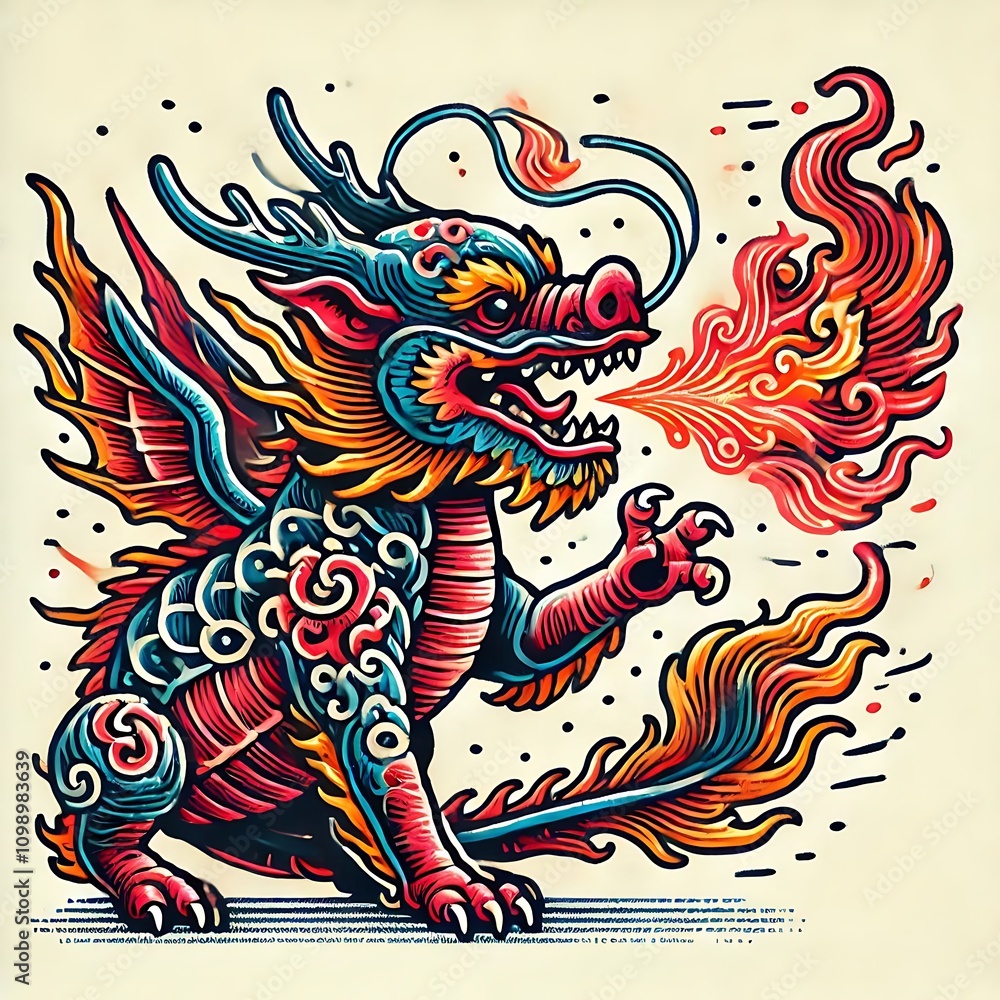 Fototapeta premium Vibrant, colorful, stylized dragon illustration with intricate details, spouting fire.