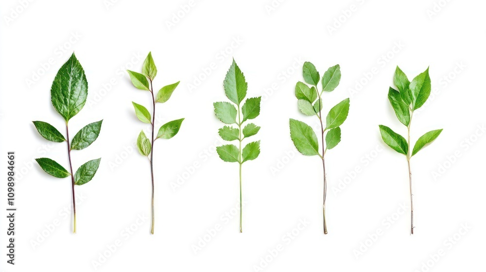 Obraz premium A collection of various green leaves arranged side by side on a white background.