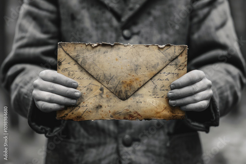 hands of a man in a coat holding an old, yellowed envelope. The envelope looks frayed and tattered at the edges..     photo