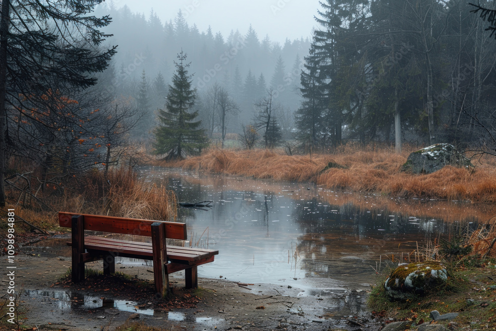 Obraz premium peaceful and melancholic autumn landscape. Bench by the water..